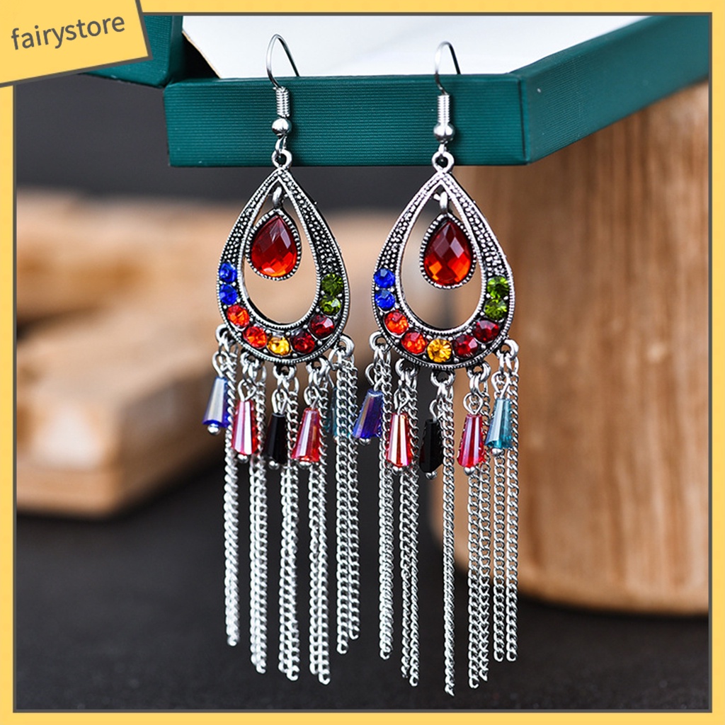 1 Đôi Bông Tai Hình Giọt Nước Đính Đá Phối Tua Rua Phong Cách Vintage