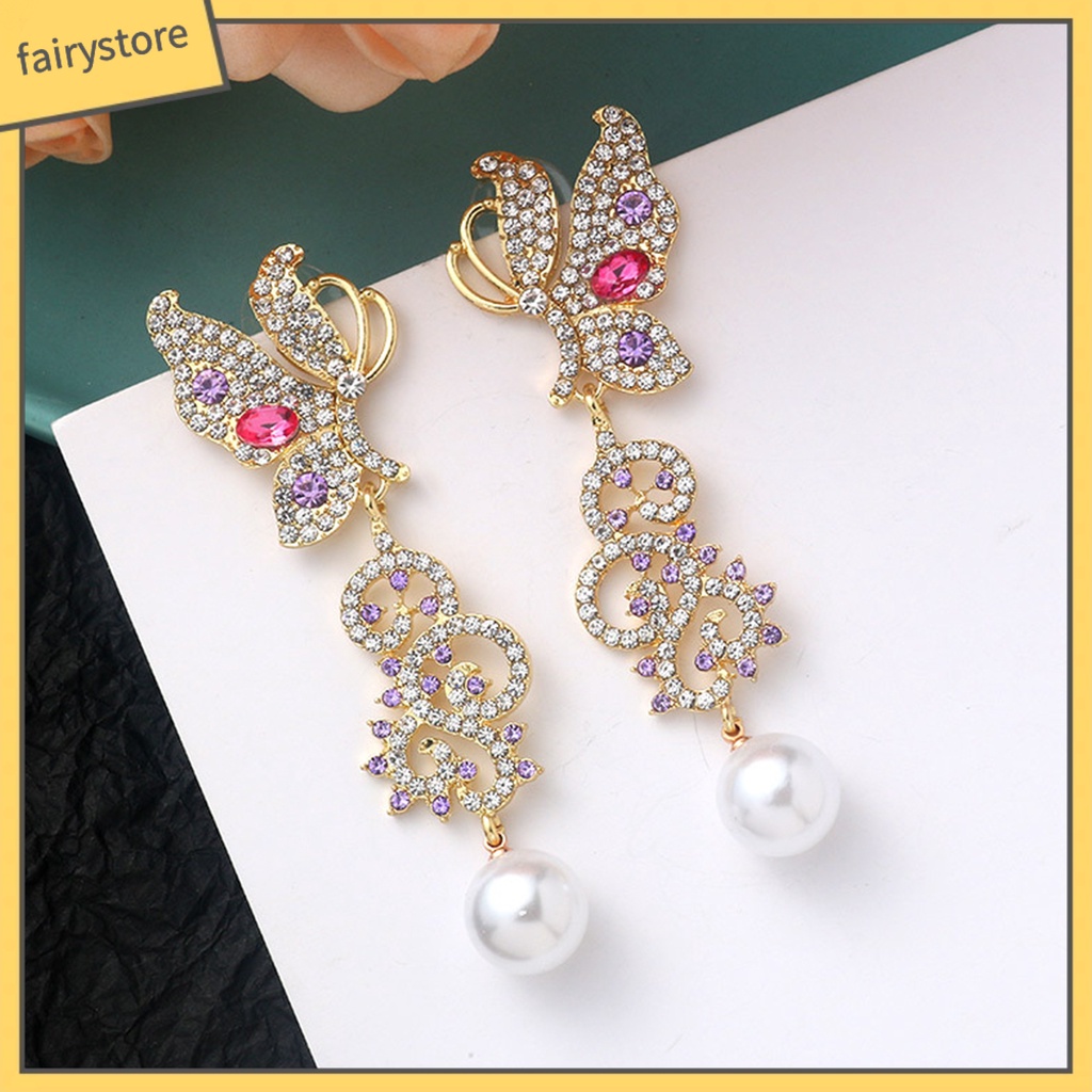 1 Đôi Bông Tai Thả Hình Bướm Rỗng Đính Ngọc Trai Sáng Bóng Dành Cho Nữ