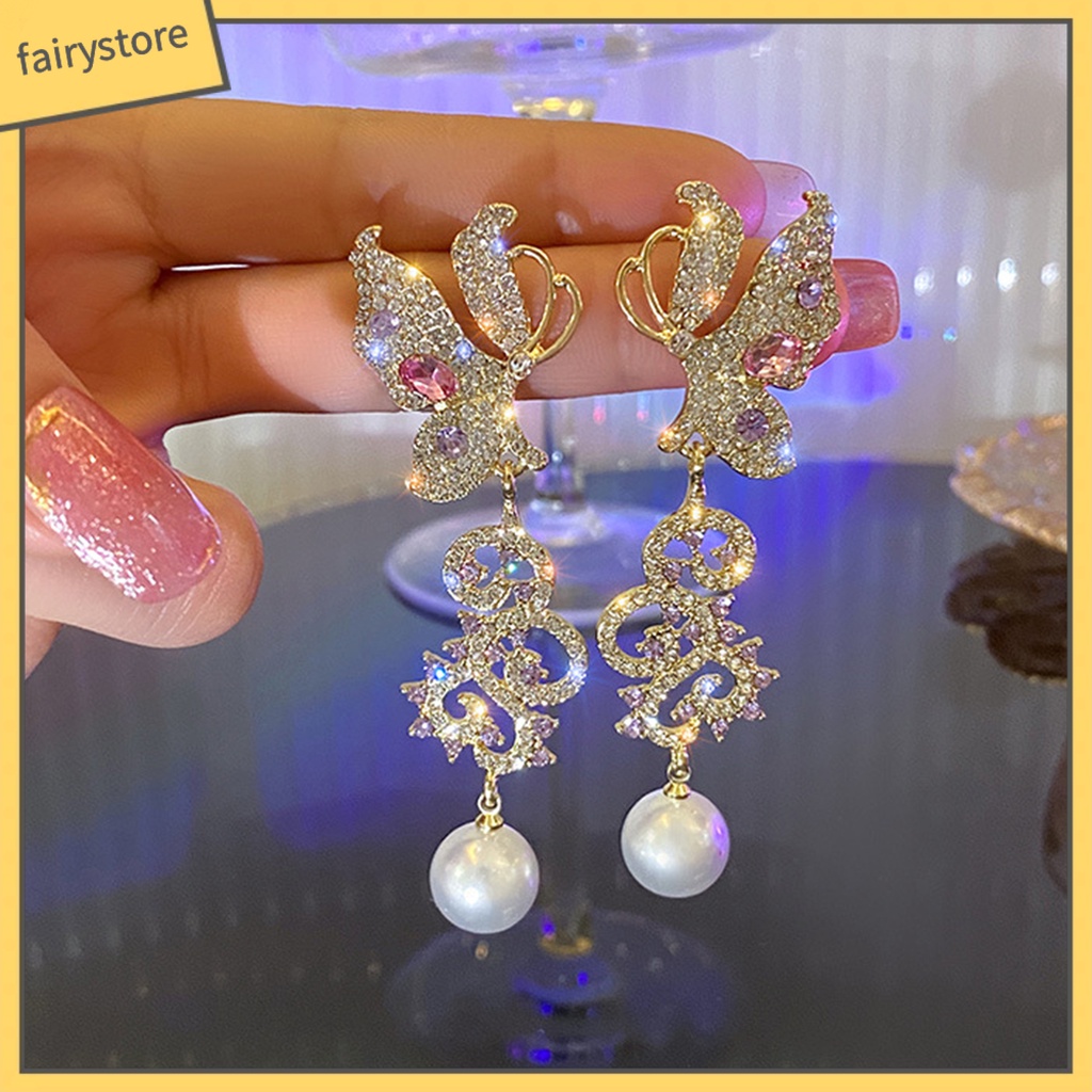 1 Đôi Bông Tai Thả Hình Bướm Rỗng Đính Ngọc Trai Sáng Bóng Dành Cho Nữ