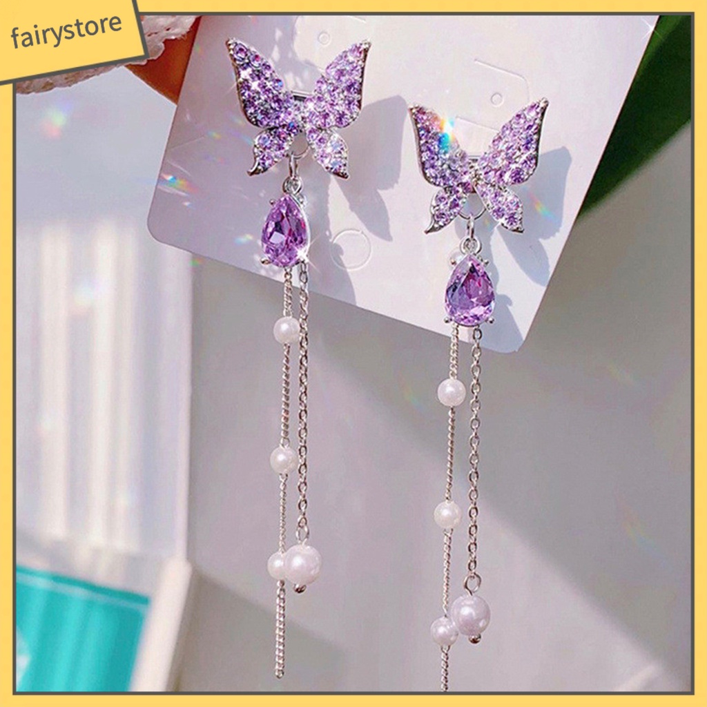 1 Đôi Bông Tai Dáng Dài Hình Bướm Đính Đá Tinh Tế Thời Trang