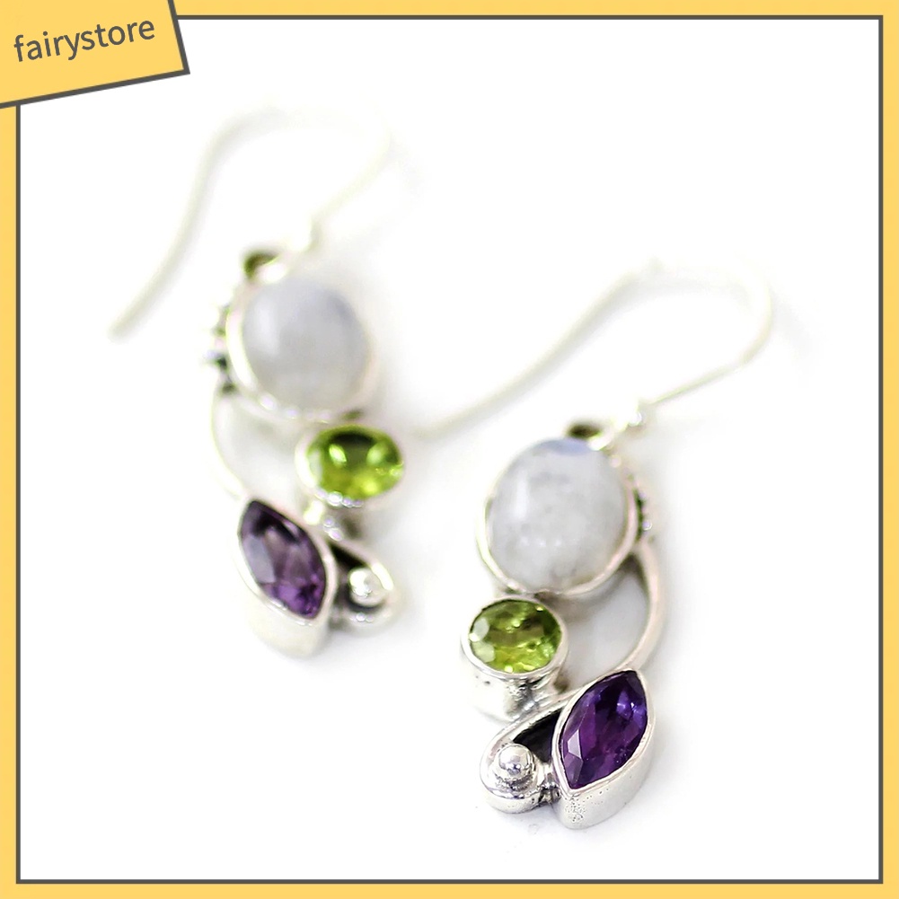 Khuyên Tai Móc Lủng Lẳng Đính Đá Ngọc Lục Bảo Nhân Tạo Tròn Cổ Điển [FRO]