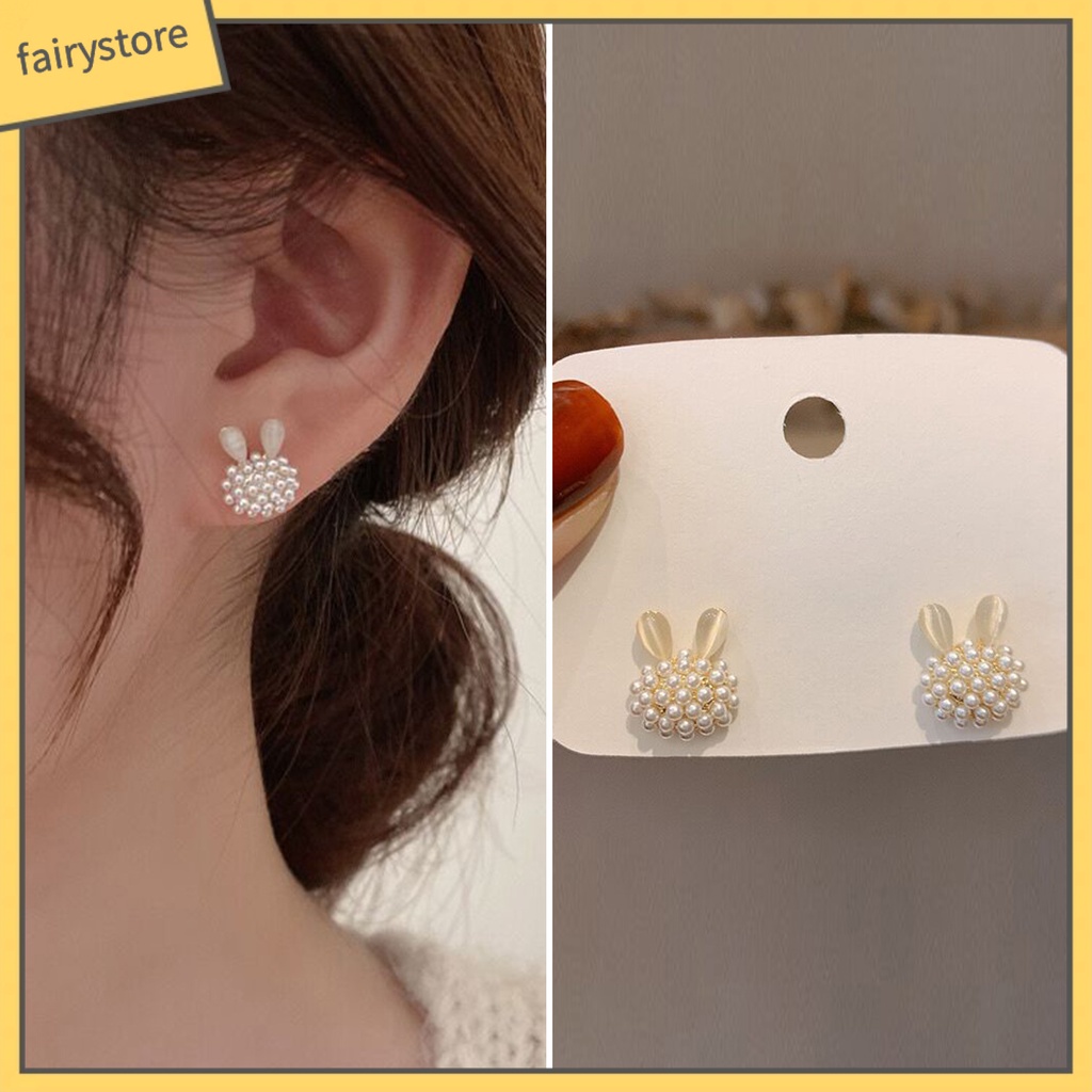 1 Đôi Bông Tai Hình Thỏ Đính Ngọc Trai Giả Thời Trang