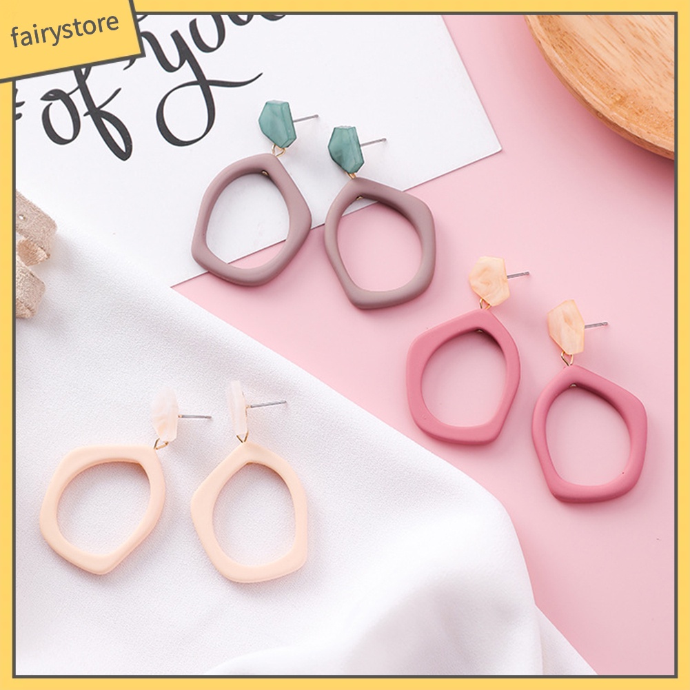 Khuyên Tai Hình Học Rỗng Không Đối Xứng Họa Tiết Đá Cẩm Thạch Đơn Giản Cho Nữ