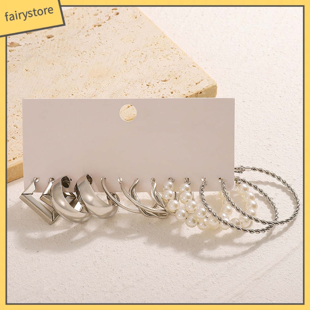 Set 6 Đôi Bông Tai Dạng Vòng Hình Chữ C Đính Ngọc Trai Nhân Tạo Thời Trang Dành Cho Nữ