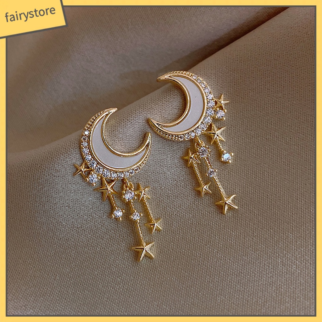 1 Đôi Bông Tai Hình Mặt Trăng Và Ngôi Sao Đính Đá Lấp Lánh Dành Cho Nữ