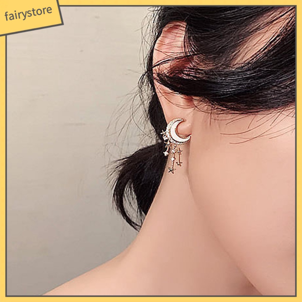 1 Đôi Bông Tai Hình Mặt Trăng Và Ngôi Sao Đính Đá Lấp Lánh Dành Cho Nữ