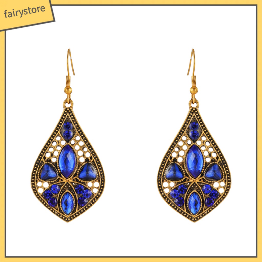 1 Đôi Bông Tai Hình Giọt Nước Đính Đá Phong Cách Retro Dành Cho Nữ