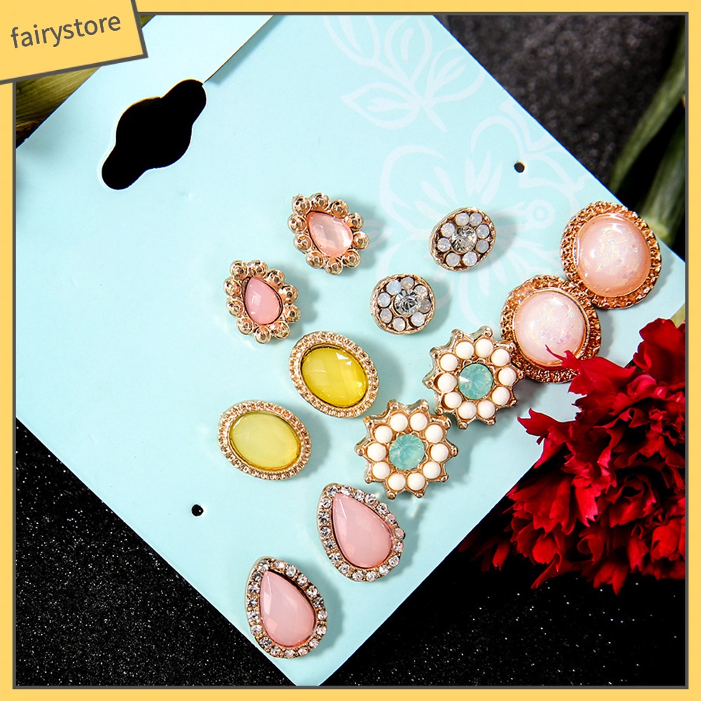 6 Đôi Bông Tai Đính Đá Thời Trang Nữ Tính