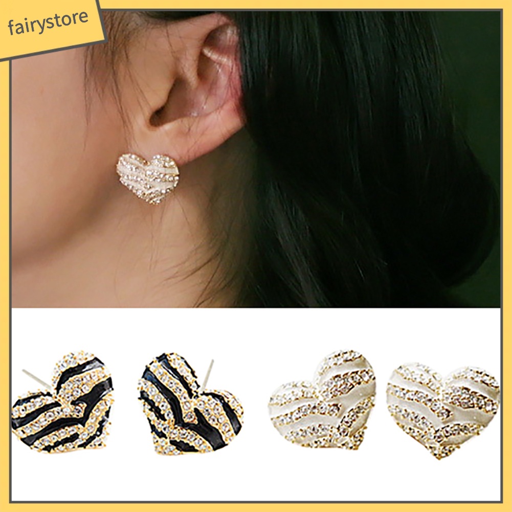 Đôi Khuyên Tai Hình Trái Tim Đính Đá Pha Lê Họa Tiết Ngựa Vằn Thời Trang Cho Nữ