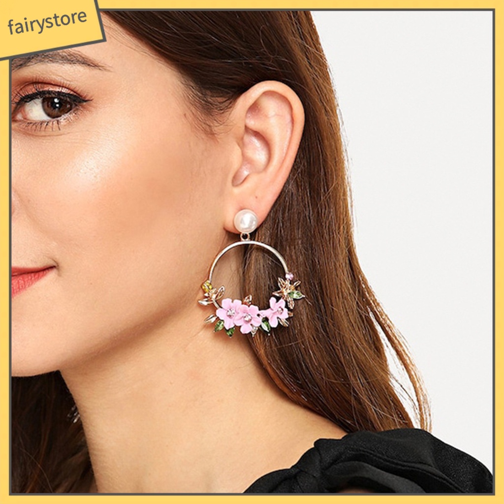 1 Đôi Bông Tai Tròn Đính Đá &amp; Ngọc Trai Giả Hình Hoa Dễ Thương