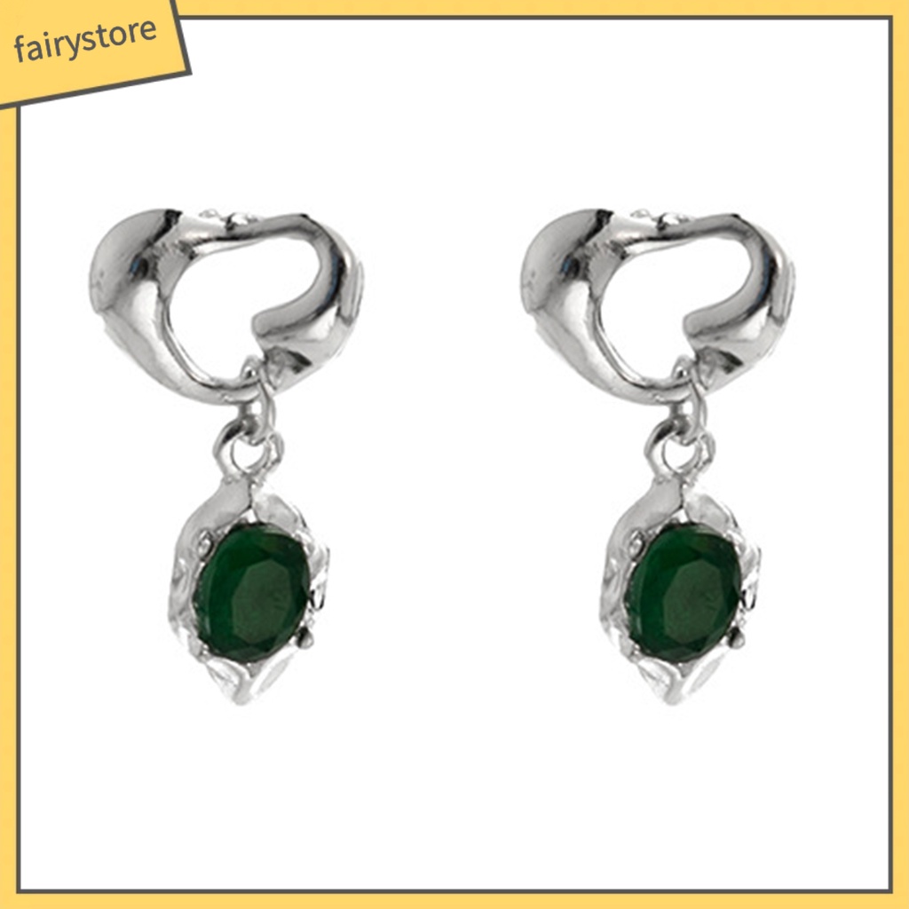 1 Đôi Bông Tai Hình Trái Tim Đính Đá Pha Lê Xanh Lá Phong Cách Retro