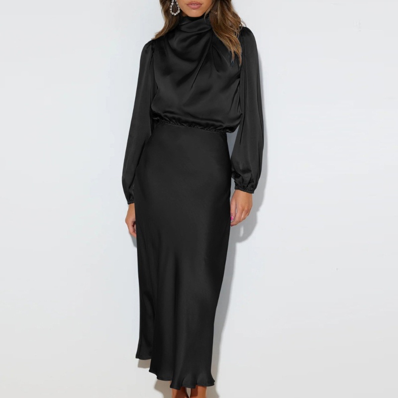 Đầm Maxi Dài Tay Vải Satin Dáng Rộng Màu Sắc Đơn Giản Thời Trang Dự Tiệc Cho Nữ