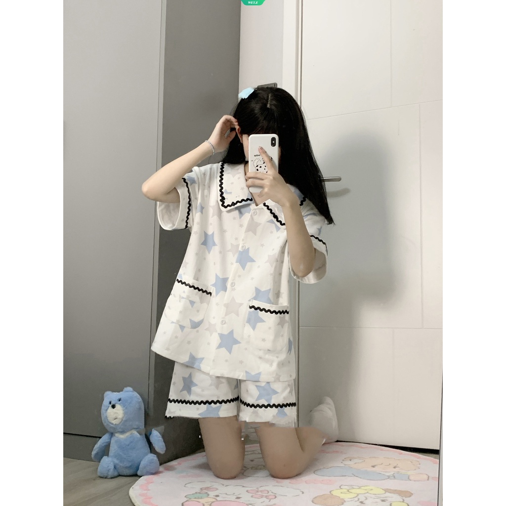Bộ Đồ Ngủ Ngắn Tay Cổ Búp Bê Ngôi Sao Năm Cánh Thiết Kế Mới Thời Trang Mùa Hè 2023 Cho Nữ