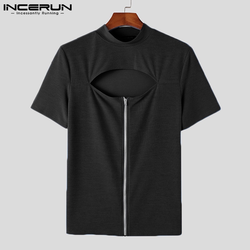 INCERUN Áo Thun Tay Ngắn Phối Khóa Kéo Trước Thời Trang Vintage Cho Nam