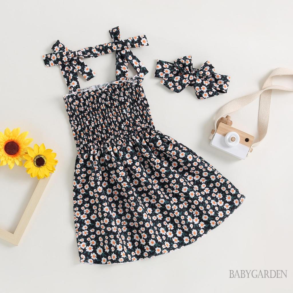 Đầm Hai Dây Mùa Hè In Họa Tiết Hoa Thắt Nơ Kèm Băng Đô Cho Bé Gái 1-6 Tuổi