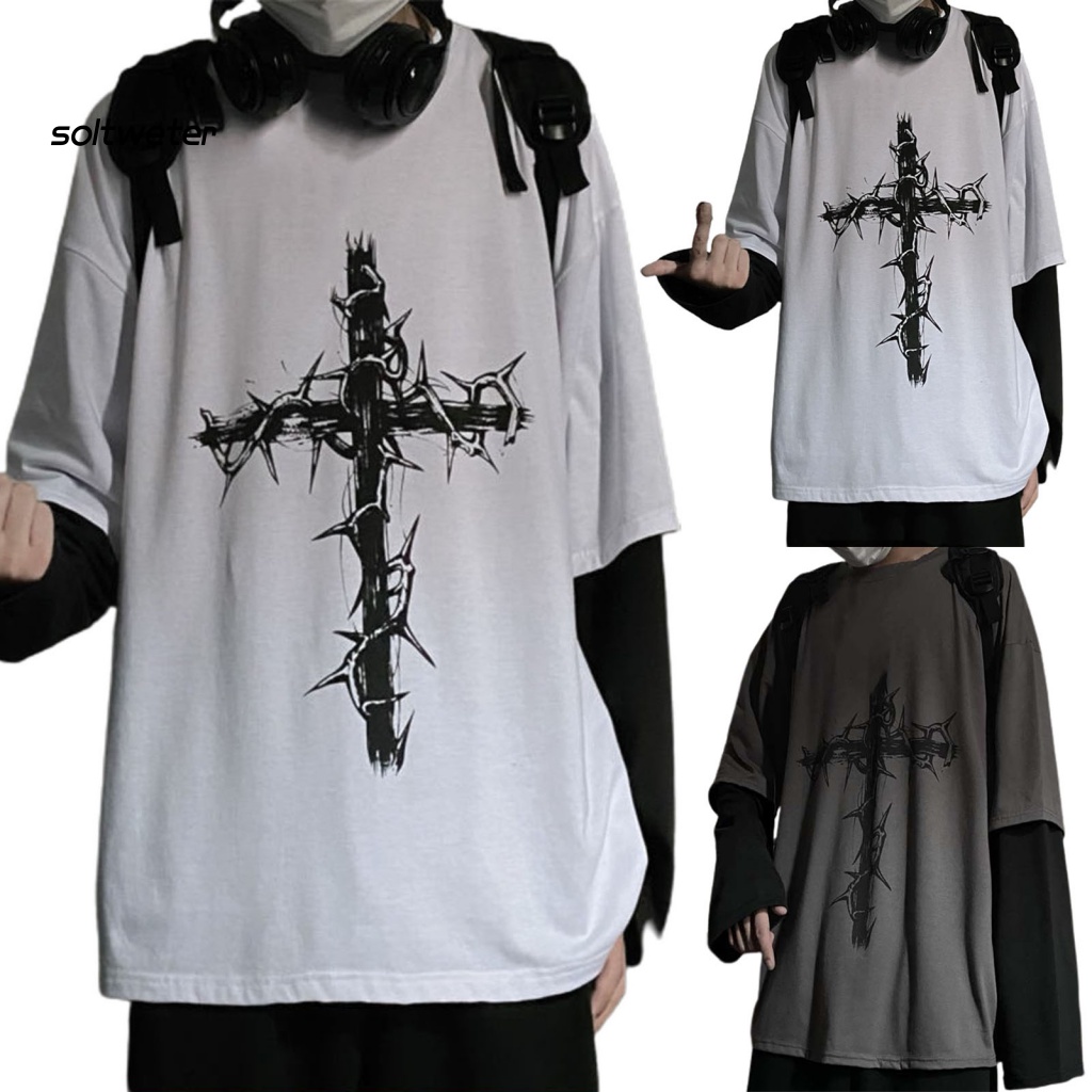 Áo Thun Giả Hai Lớp Màu Tối In Chữ Thập Phong Cách Hip hop Thời Trang Mùa Hè Cho Nam