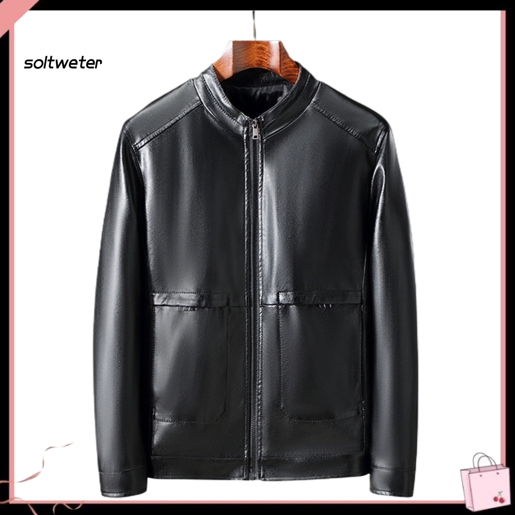 Áo Khoác Giả Da Cổ Đứng Dáng Ôm Màu Trơn Có Khóa Kéo Cá Tính Cho Nam