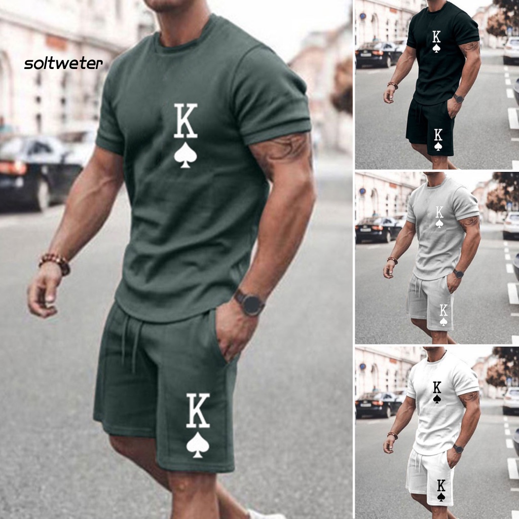 Set Đồ Thể Thao 2 Món Gồm Áo Thun Tay Ngắn Cổ Tròn + Quần Short Lưng Thun In Chữ K Thời Trang Cho Nam