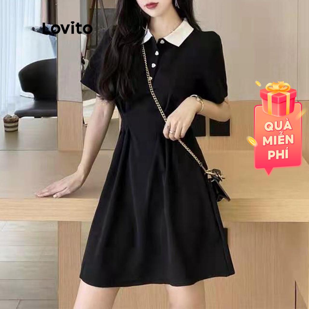 【Gợi ý từ KOL】Đầm Lovito gài khuy ghép nối màu sắc phong cách thường ngày L18X220 (Màu đen)