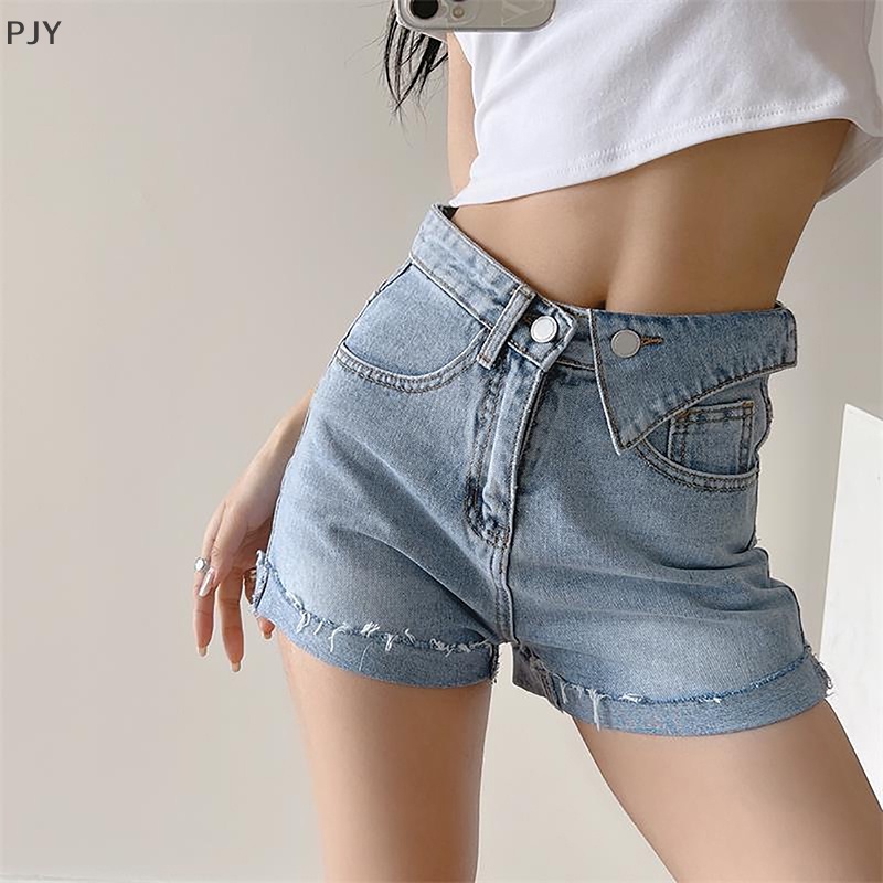 Quần Short Jean Lưng Cao Co Giãn Màu Trơn Đơn Giản Thời Trang Mùa Hè 2023 Phong Cách Hàn Quốc Cho Nữ PJ