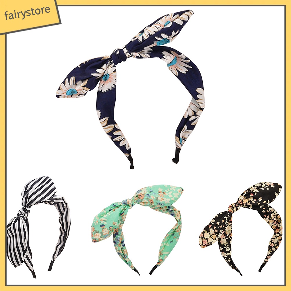 Băng Đô Cài Tóc Đính Nơ Tai Thỏ Họa Tiết Hoa Thời Trang Cho Nữ