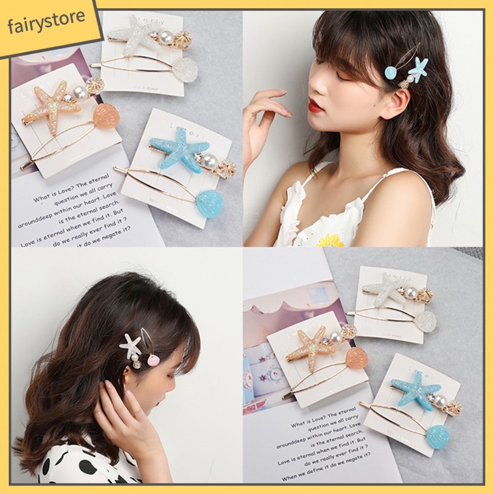 Set 2 Kẹp Tóc Hình Vỏ Sò / Sao Biển Đính Ngọc Trai Giả Thời Trang