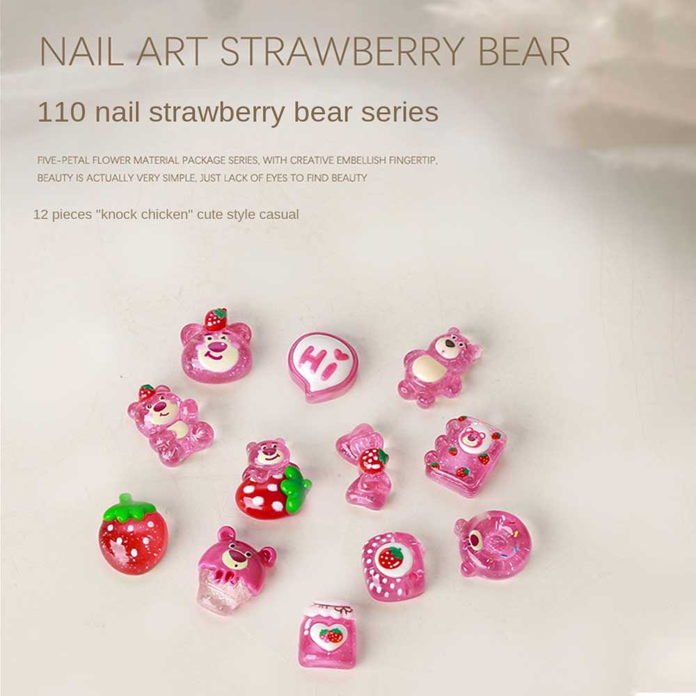 12PCS móng tay trang trí móng tay nghệ thuật đồ trang sức nhựa dâu gấu dễ thương ba chiều phim hoạt hình dễ thương dâu gấu móng tay trang trí phong cách hỗn hợp annies