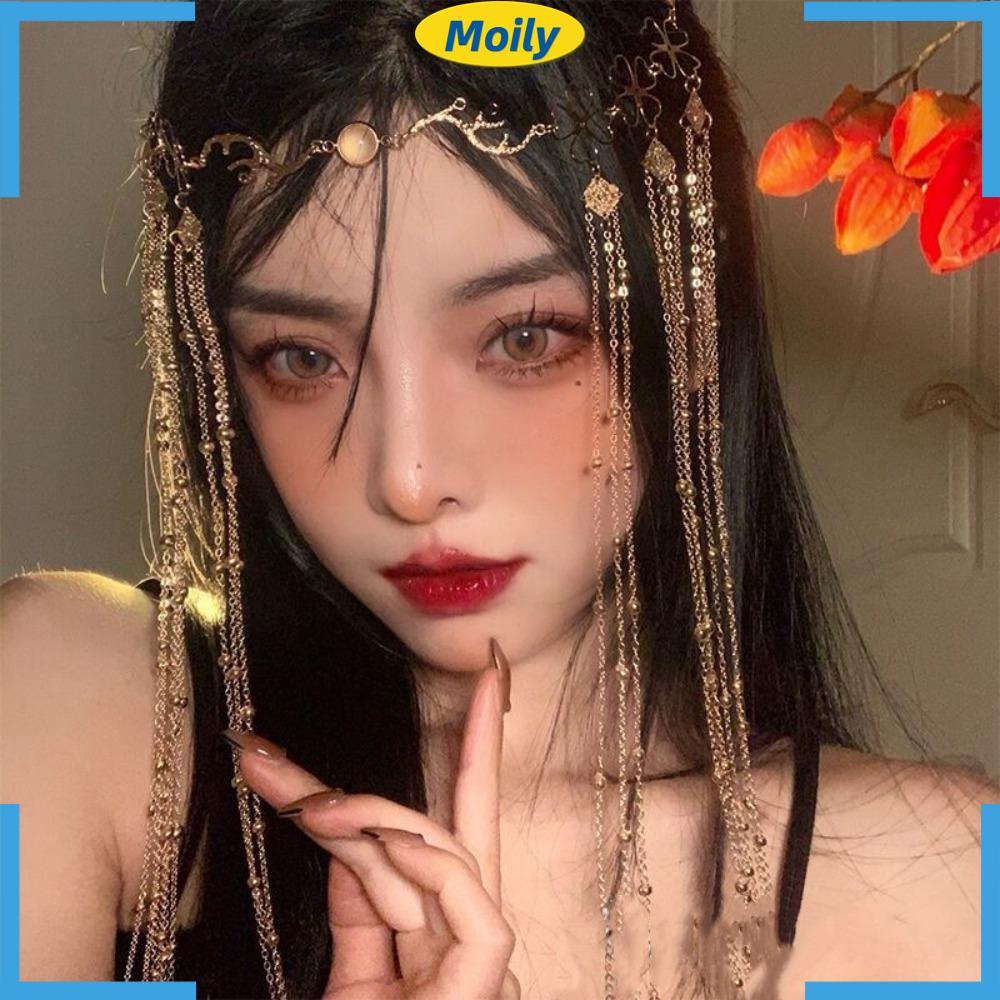 MOILYVN Băng Đô Cài Tóc Dáng Dài Đính Pha Lê Phối Tua Rua Thời Trang
