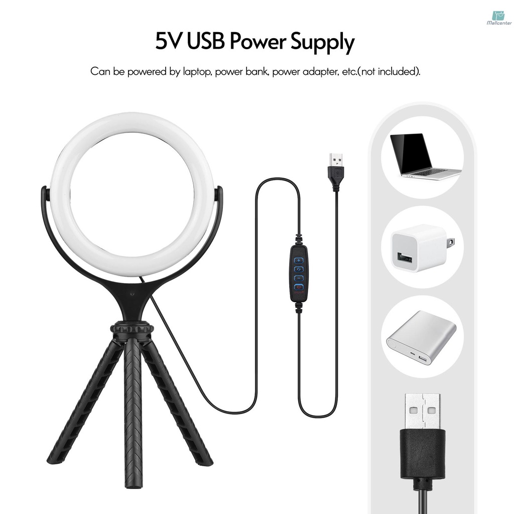 6-inch Video Streaming LED Ring Light Bi-color 3000K-6500K 10-level Brightness Dimmable USB Powered with Table Tripod for Video Live Makeup Online Teaching