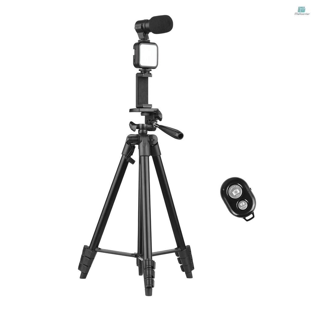 53 Inch Tripod Vlog Kit Smartphone Photography Set Tripod + LED Light + Microphone + Smartphone Clip + Remote Control for Vlog Recording Microfilm Making Live Stream