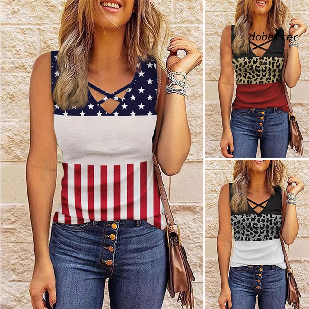 Áo Thun Sát Nách Cổ Chữ V Dây Chéo Ôm Dáng Thoáng Khí In Họa Tiết Da Báo Thời Trang Đường Phố