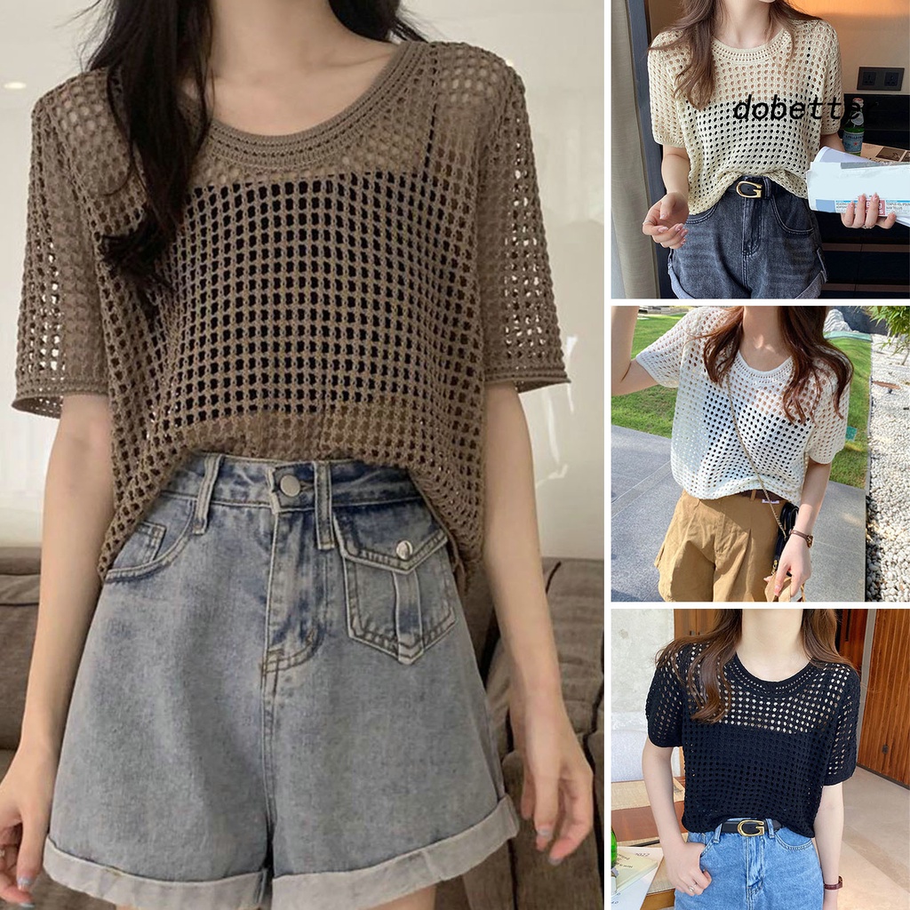 Áo Thun Dệt Kim Mỏng Tay Ngắn Cổ Tròn Màu Trơn Che Phủ Toàn Diện Chống Nắng Cho Nữ