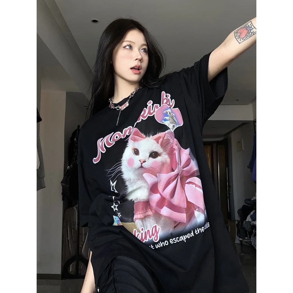 Áo Thun Tay Ngắn Dáng Rộng In Hình Mèo Dễ Thương Thời Trang Mùa Hè Cho Nữ