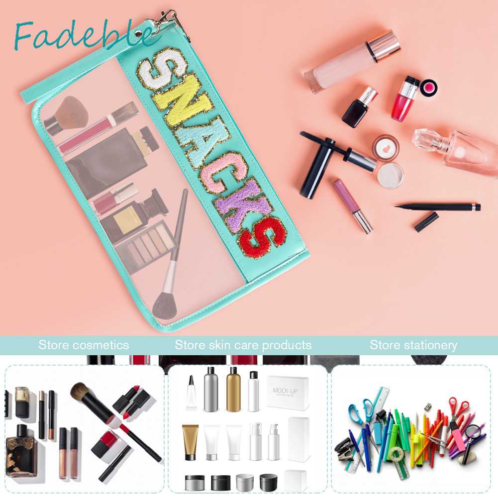 Túi Đựng Mỹ Phẩm Bằng PVC Chenille Trong Suốt In Chữ Có Khóa Kéo Tiện Dụng Mang Theo Du Lịch