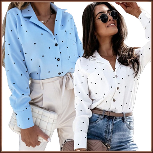 Áo Sơ Mi Dài Tay Họa Tiết Chấm Bi Thanh Lịch Cho Nữ
