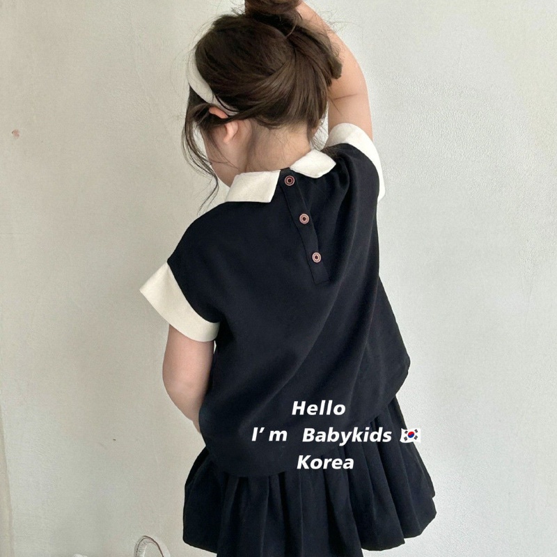 Bộ Áo Sơ Mi Cotton Cổ Búp Bê + Chân Váy Xếp Ly Đính Nơ Phong Cách Hàn Quốc Cho Bé Gái