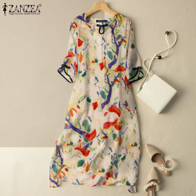 Zanzea Đầm Tay Lửng Cổ Tròn In Họa Tiết Xinh Xắn Dành Cho Nữ