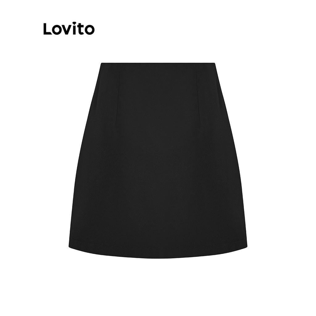 Chân váy Lovito hai lớp phong cách thường ngày màu trơn phối nút dành cho nữ L53AD073 (đen)