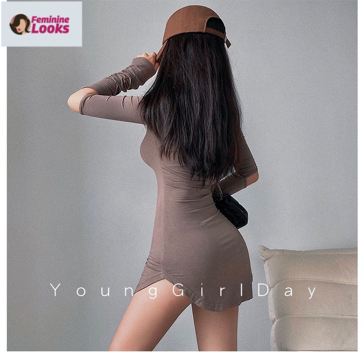 Đầm Ngắn Ôm Eo Tay Dài Cổ Tròn Màu Trơn Quyến Rũ