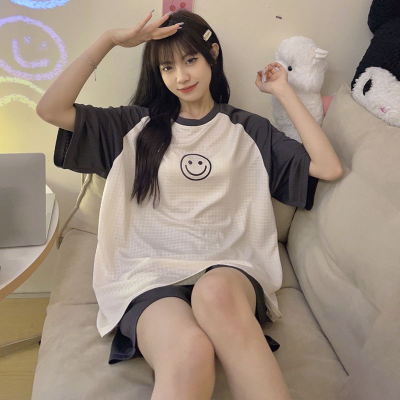 Bộ Đồ Ngủ Ngắn Tay Dáng Rộng In Hoạt Hình Mặt Cười Waffle Dễ Thương Thời Trang Mùa Hè Cho Nữ