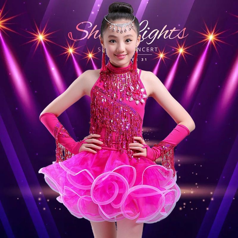Đầm Khiêu Vũ latin Đính Kim Sa Lấp Lánh Xinh Xắn Cho Bé Gái