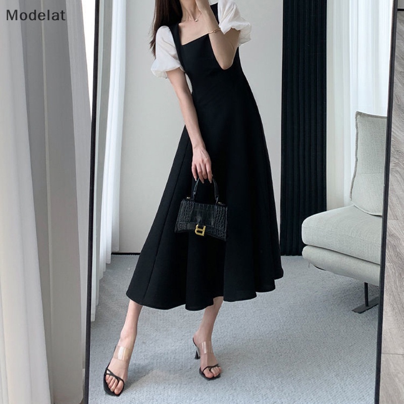 Đầm Maxi Cổ Vuông Tay Phồng Màu Đen Đơn Giản Thời Trang Mùa Hè Cho Bạn Gái