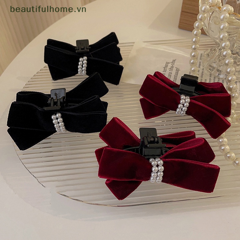 [beautifulhome] Kẹp Tóc Nơ Càng Cua Đính Ngọc Trai Nhung Phong Cách Vintage Pháp Thanh Lịch Cho Nữ [beauty]