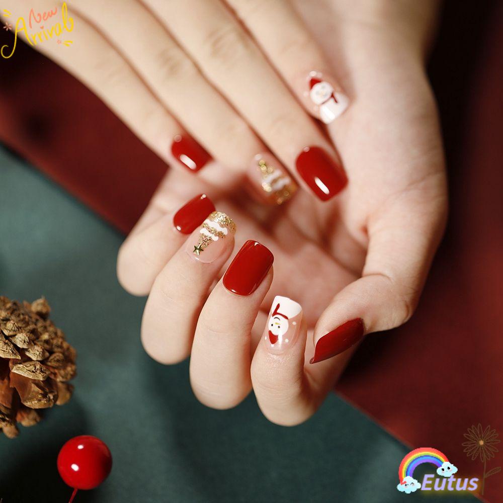 Hộp 24 Móng Tay Giả Che Phủ Toàn Diện Đầu Vuông Có Thể Tháo Rời Cho Dịp Giáng Sinh