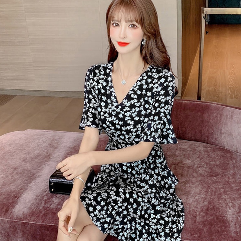 IELGY Đầm chiffon Ngắn Tay Cổ Chữ V In Hoa Phong Cách Pháp Thời Trang Cho Nữ