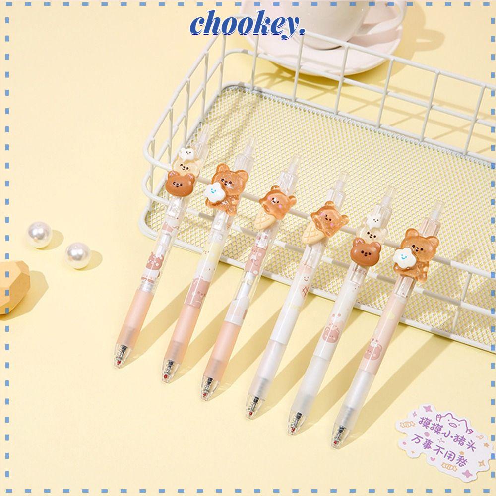 CHOOKEY Set 6 Bút Mực Gel Ngòi 0.5mm Gắn Hình Gấu Hoạt Hình Dễ Thương