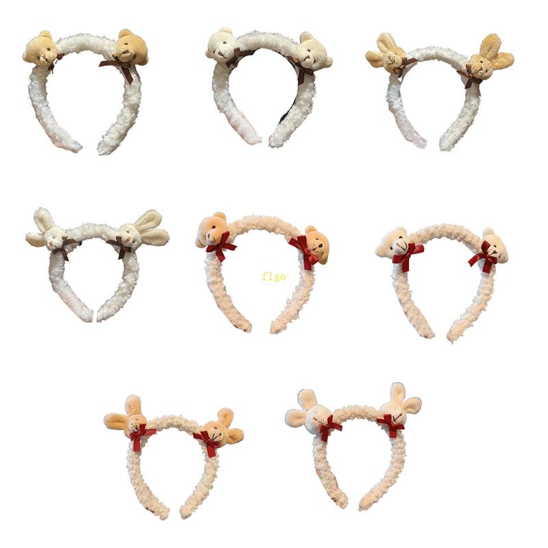 Flgo Băng Đô Cài Tóc Lông Thỏ Giả Mềm Mại Họa Tiết Gấu Hoạt Hình