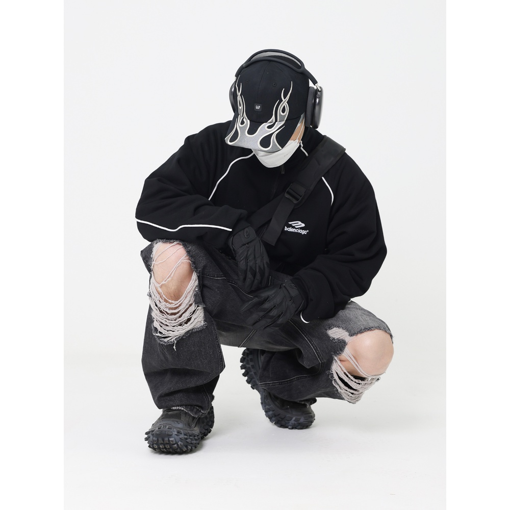 Quần Jean Dài Ống Rộng Phối Rách Lớn Kiểu Retro Đường Phố Mỹ Cá Tính Cho Nam