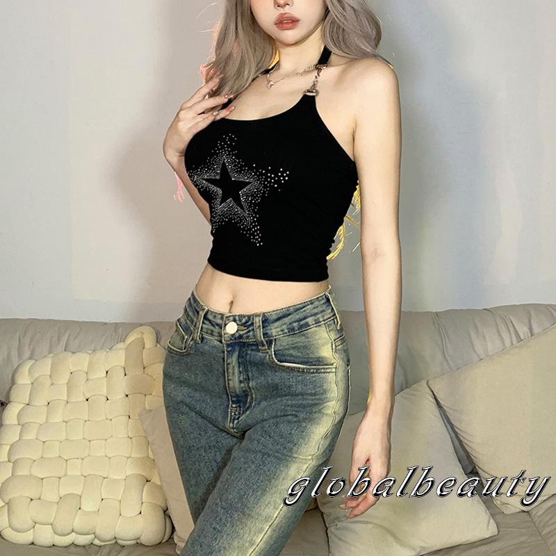 Áo Croptop Hai Dây Hở Lưng In Họa Tiết Ngôi Sao Đính Đá Thời Trang Đường Phố Mùa Hè Cho Nữ