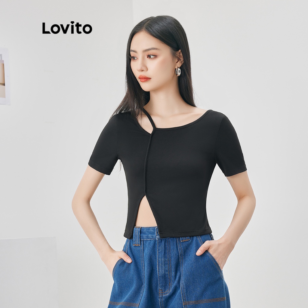 Áo thun Lovito màu trơn bất đối xứng xẻ tà hở vai phong cách thường ngày dành cho nữ L52AD031 (đen)